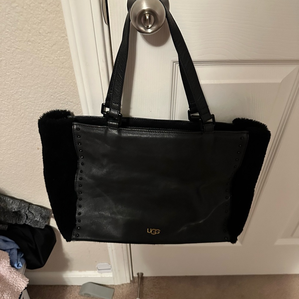 UGG Black Leather and Fur Tote
